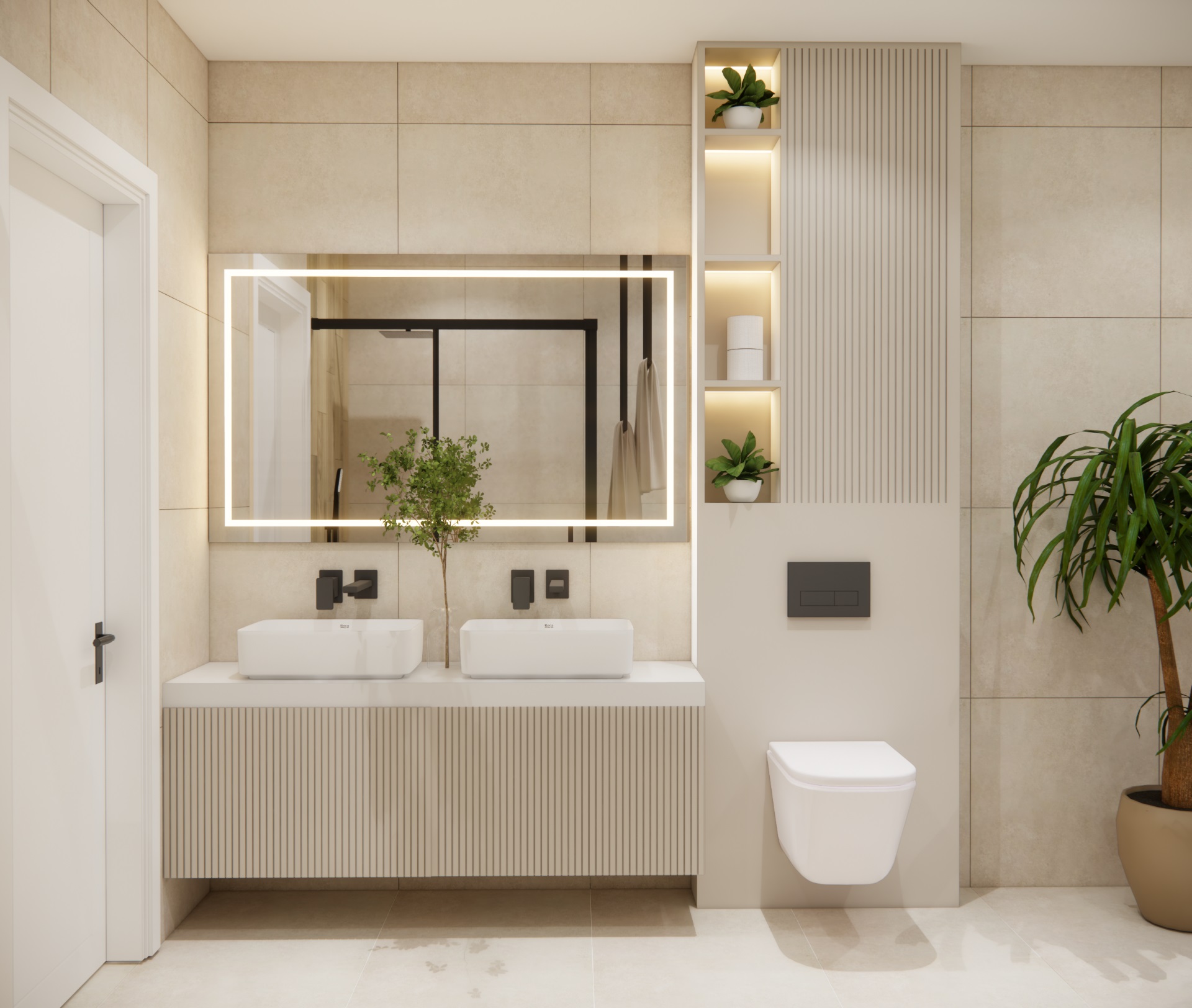  Podwójna umywalka z podświetlanym lustrem i zabudowanym WC w nowoczesnej łazience